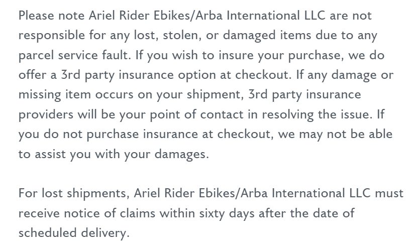 ariel bikes responsibility for parcels shopify shipping policy