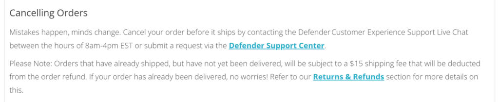 defender order cancellation shopify shipping policy
