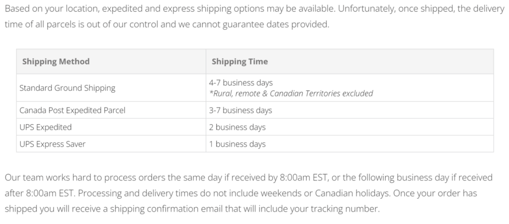 time table location shipping shopify shipping policy