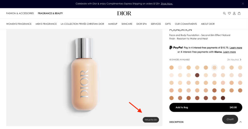 Dior Virtual Try On Feature shopify beauty stores