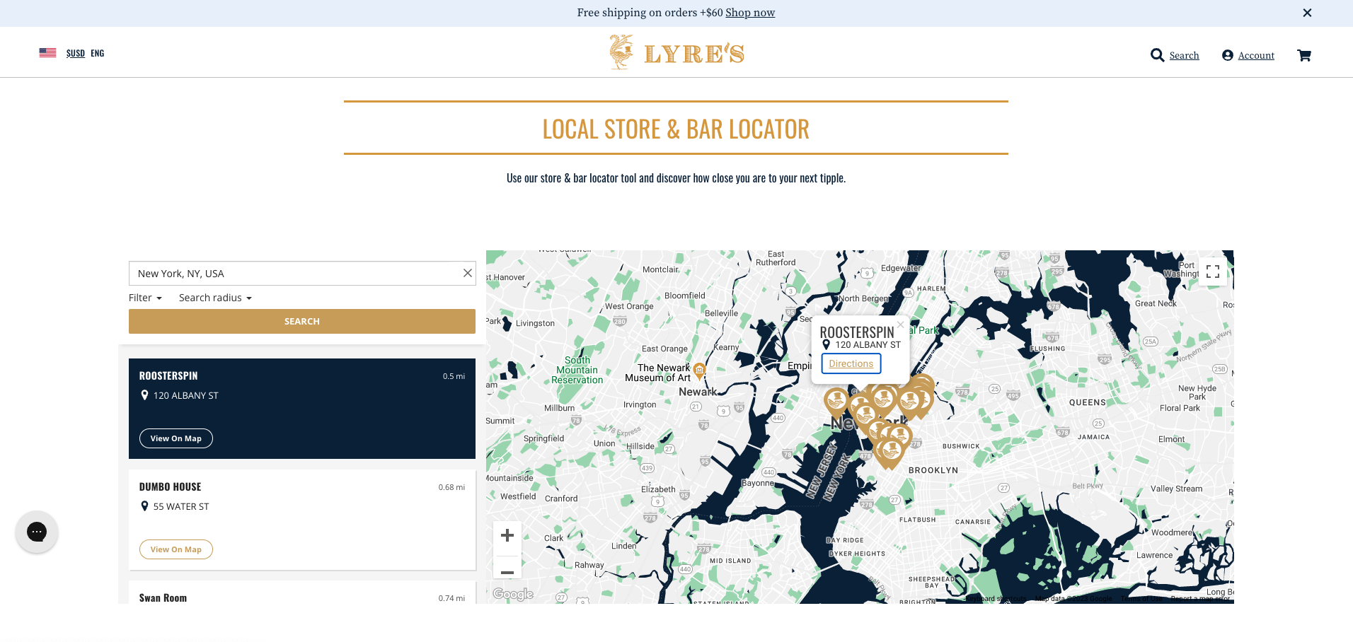 The store locator page on Lyre's ecommerce site. 