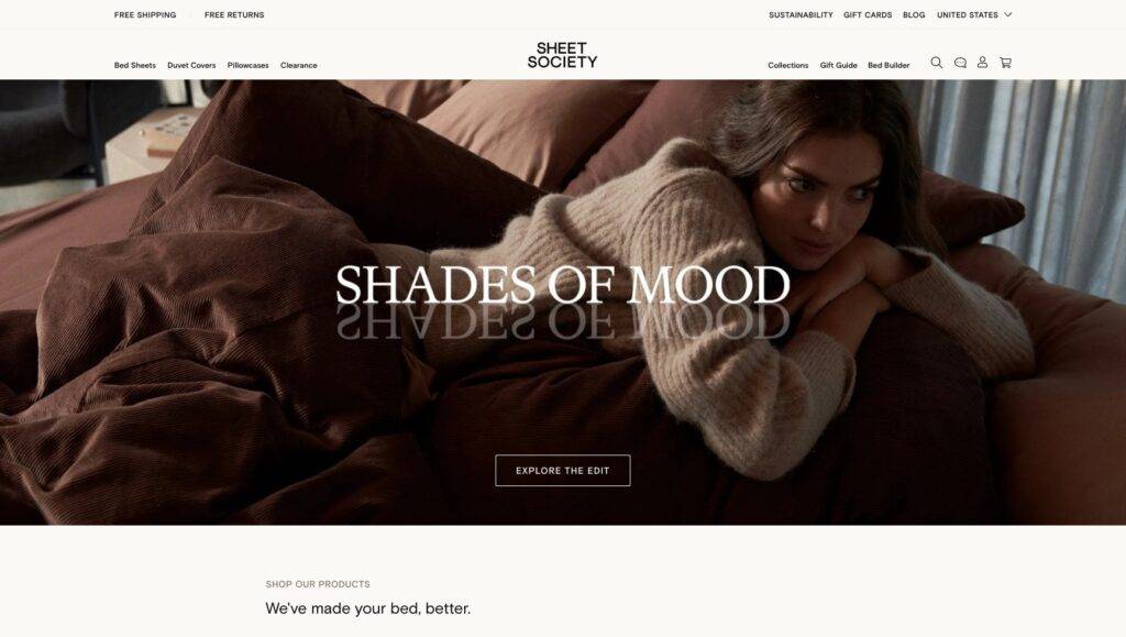 Sheet Society above fold US homepage ecommerce homepage examples