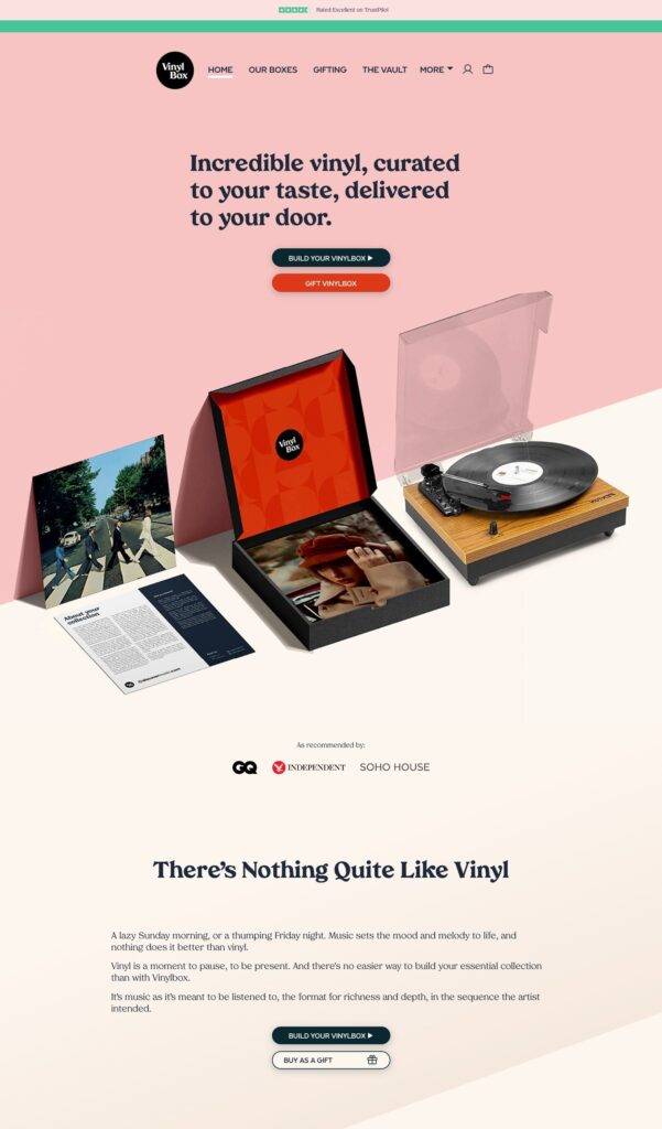 VinylBox Monthly Vinyl Subscription Service above fold ecommerce homepage examples