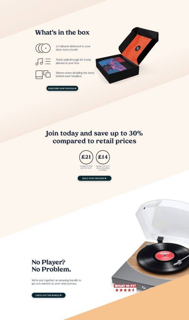 VinylBox Monthly Vinyl Subscription Service mid top ecommerce homepage examples