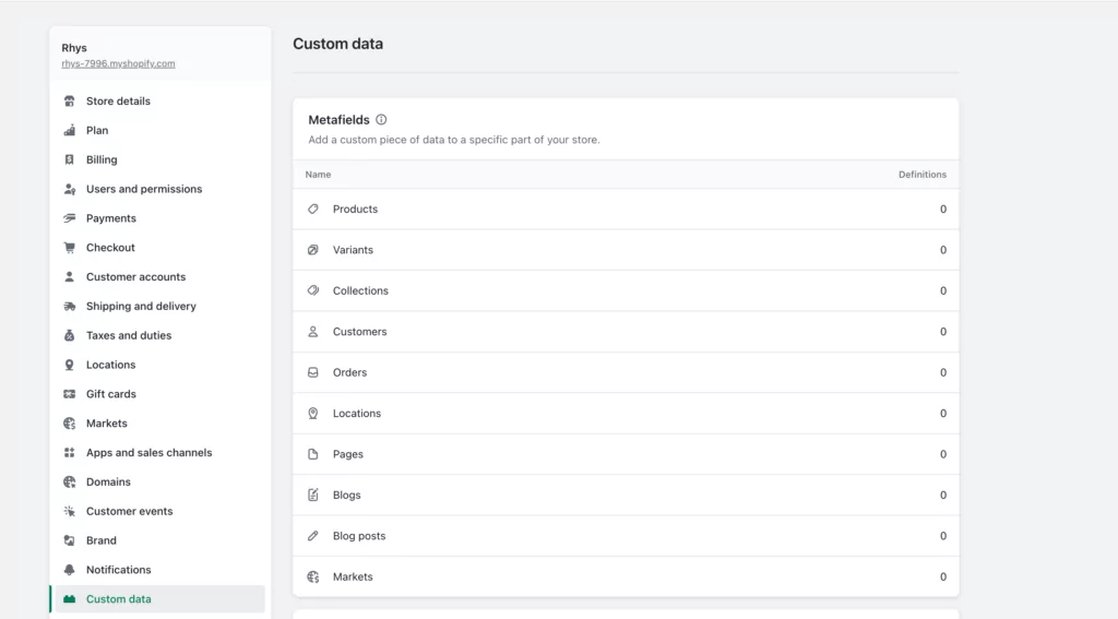 Shopify custom data page shopify metafields