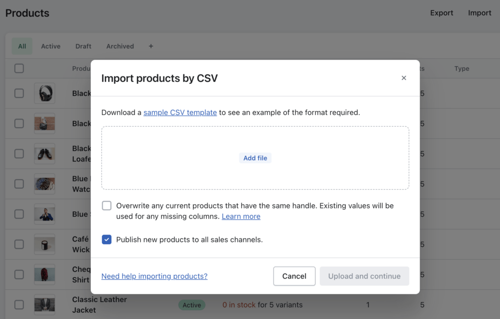 Screenshot of importing products to Shopify