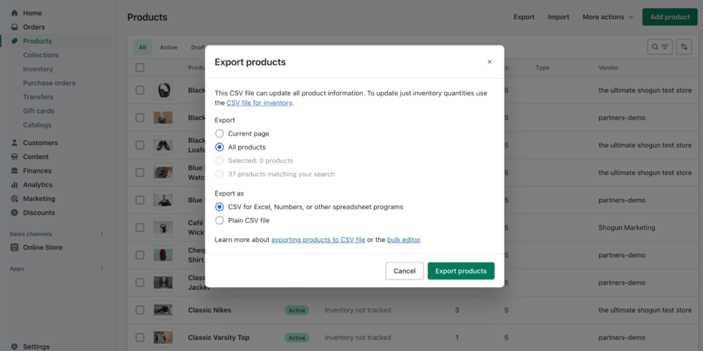 Screenshot of exporting products in Shopify