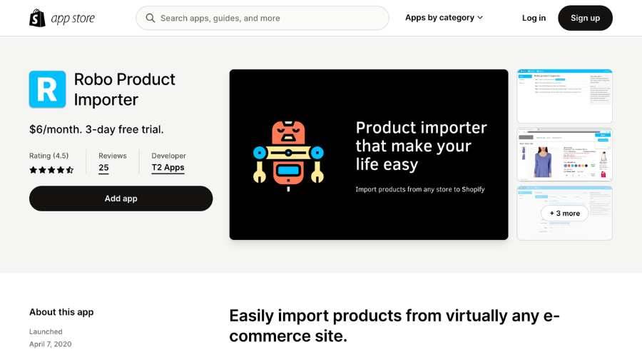 Screenshot of Robo Product Importer in Shopify app store