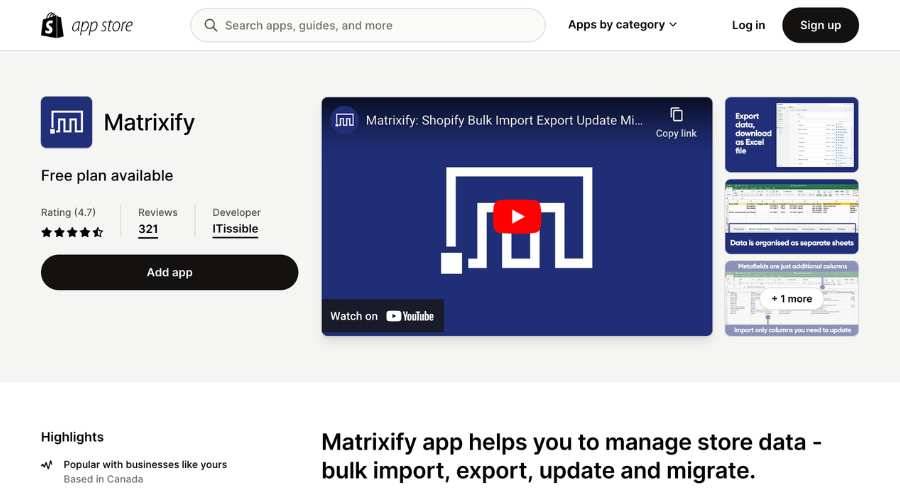 Screenshot of Matrixify in Shopify app store