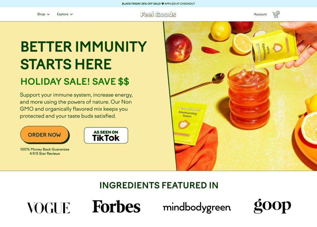 BFCM Immunity Stacked Feel Goods above fold black friday landing pages