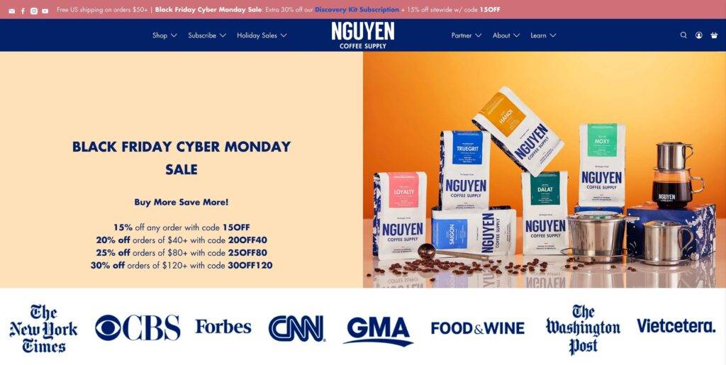 Black Friday Cyber Monday Holiday Gifts 2022 Nguyen Coffee Supply above fold black friday landing pages