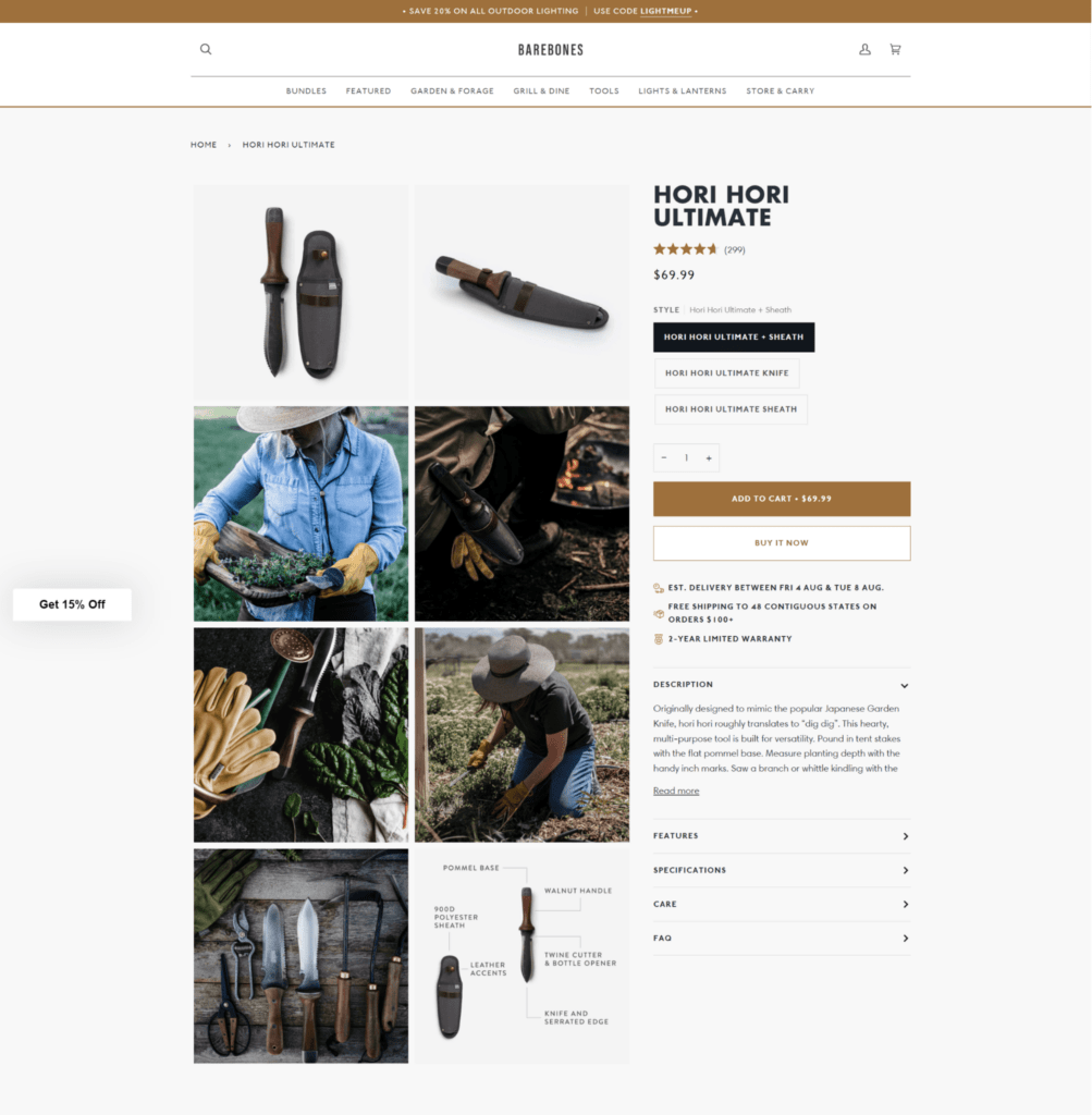 barebones product page shopify store design