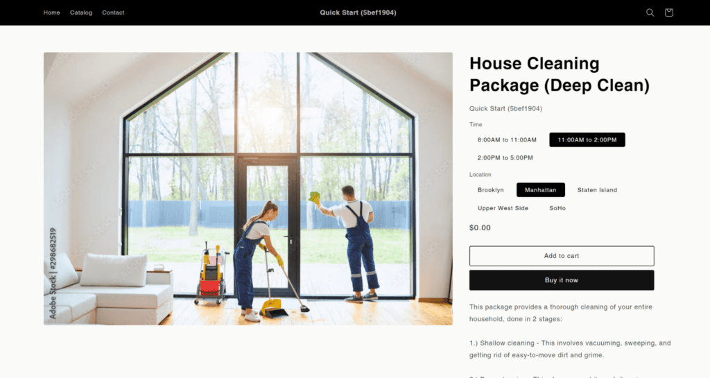 housecleaning product page sell services on shopify