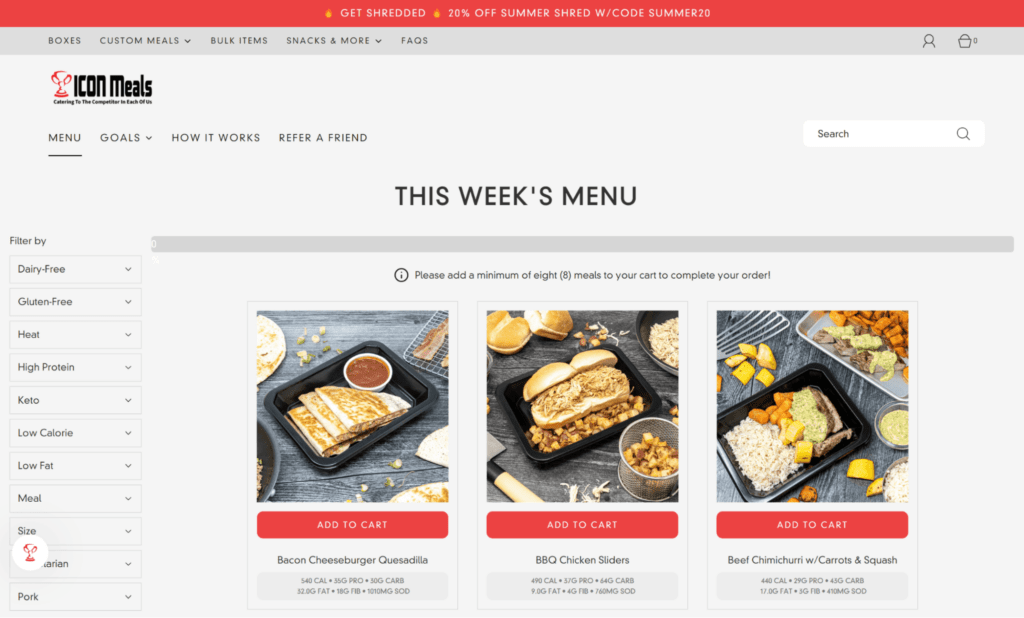 iconmeals collections page sell services on shopify