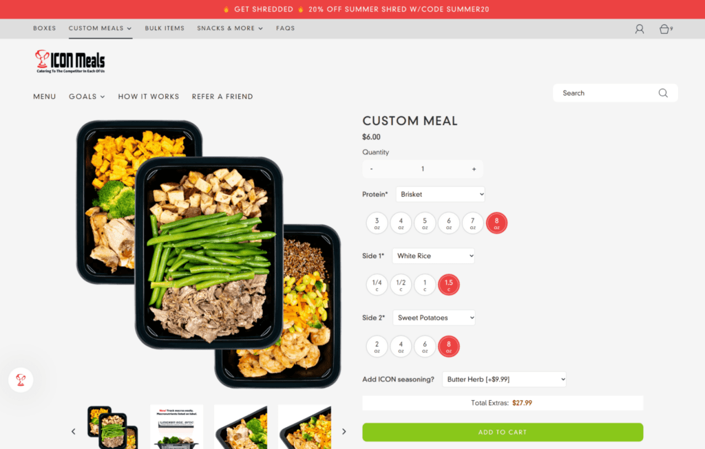 iconmeals product page sell services on shopify
