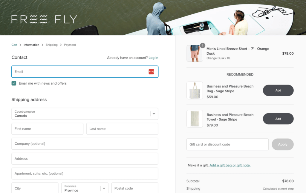 Screenshot of Free Fly Apparel product recommendations