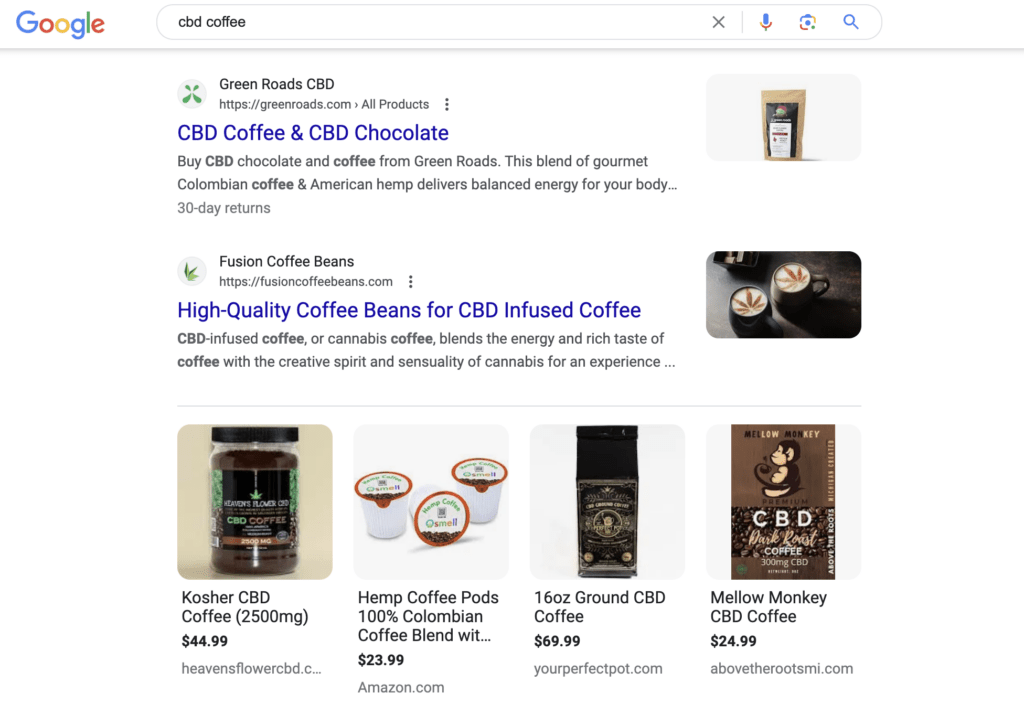 Screenshot of Google search for CBD coffee