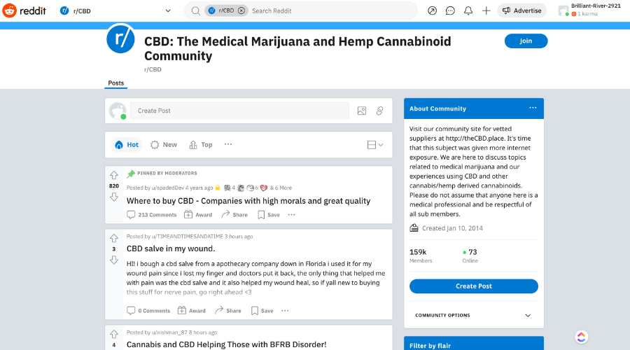 Screenshot of CBD community Reddit CBD marketing