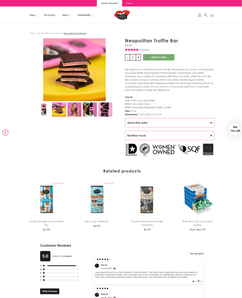 seattle chocolate product page shopify store design