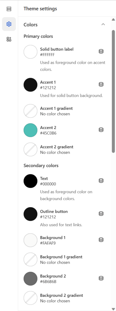 shopify theme settings colors shopify store design