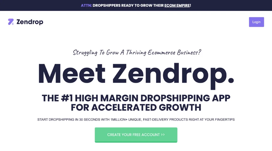 Screenshot of the Zendrop website homepage
