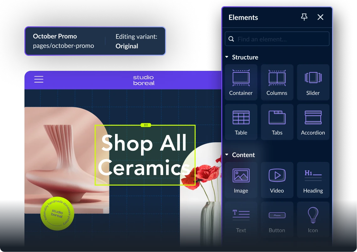 Elements panel in Shogun overlaid on top of mock ecommerce website that says 'Shop All Ceramics'