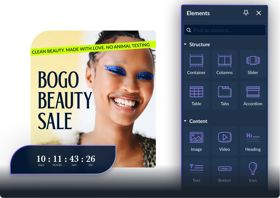 Elements panel in Shogun and a mock beauty ecommerce website featuring a countdown timer
