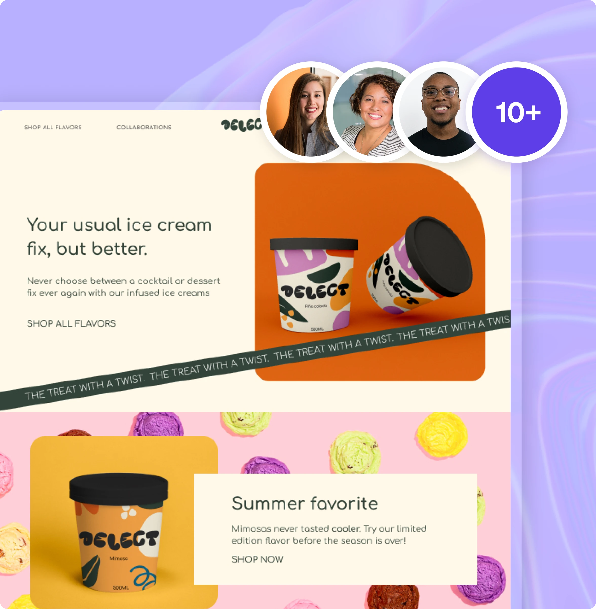 Mock ecommerce website with several user avatars in top right corner