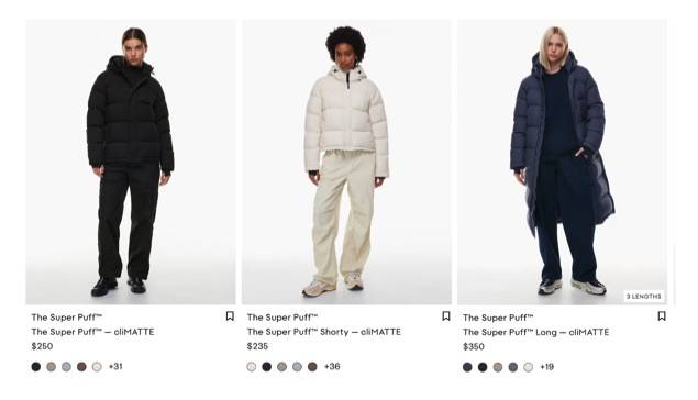 Aritzia Super Puff coat collections page example screenshot