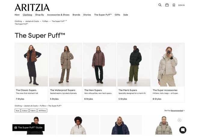 Screenshot of Aritzia product collections page for the Super Puff collection of jackets
