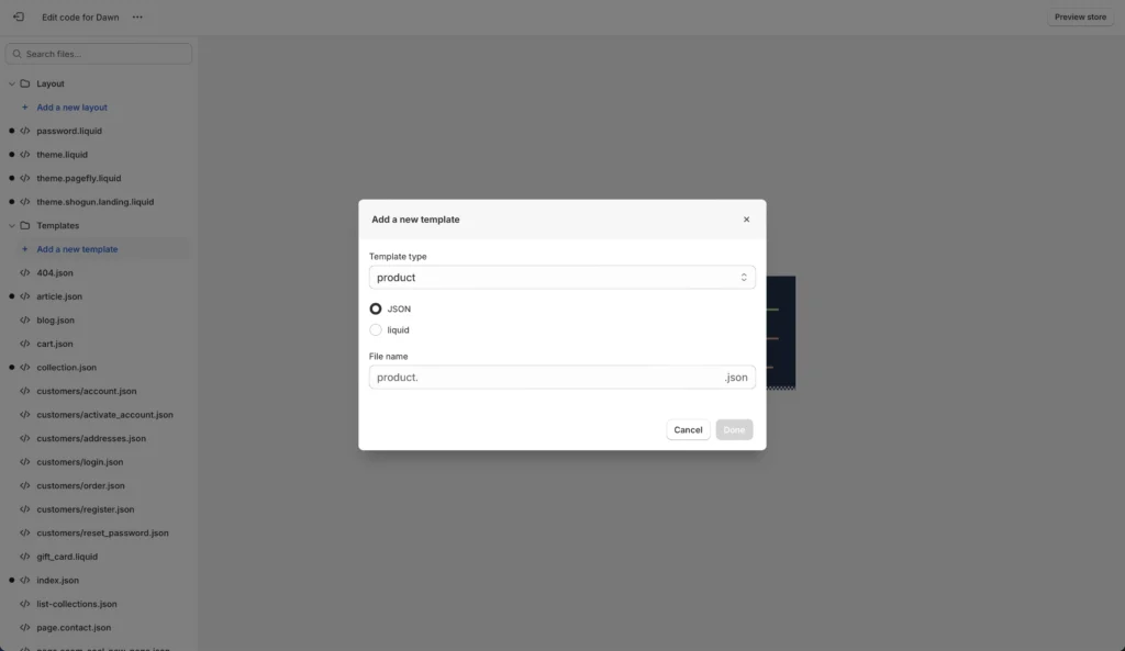 Creating a new template within the Shopify theme editor