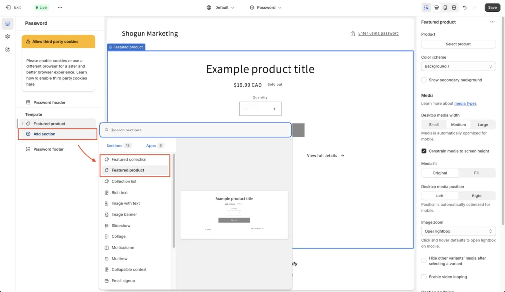 Adding a section to a template in Shopify