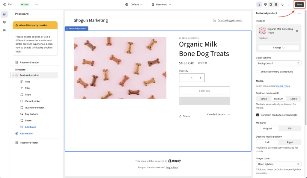 Selecting a product to add to your new template in Shopify
