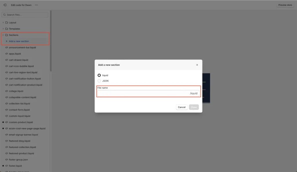 Creating a new section within the Shopify theme editor