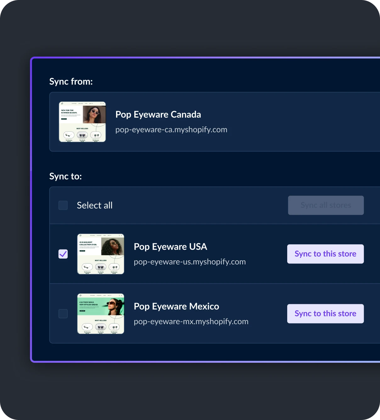 UI showcasing a user syncing content to multiple ecommerce stores in Shogun