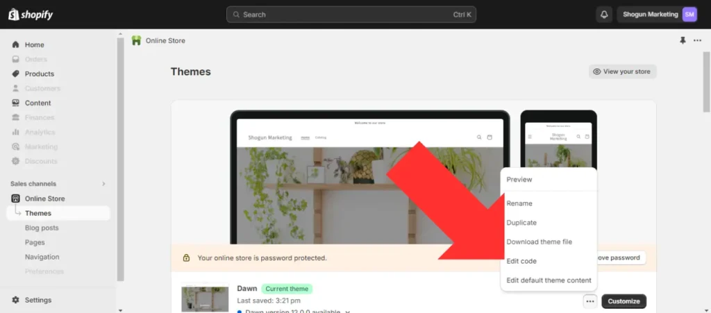 Select "edit code" within the Themes menu in Shopify to edit the template code for your theme's landing pages