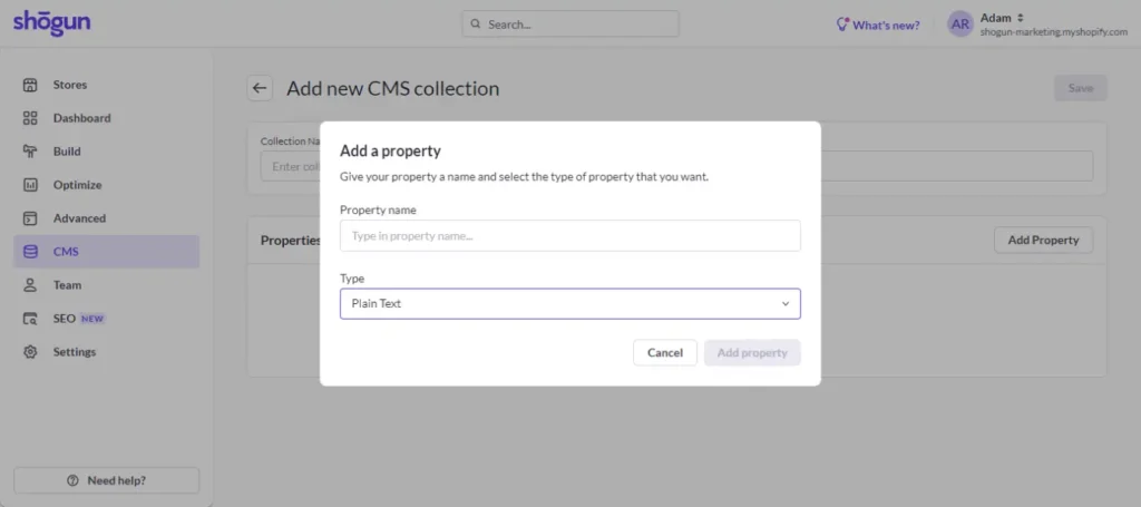 Adding a CMS collection in Shogun for your Shopify store
