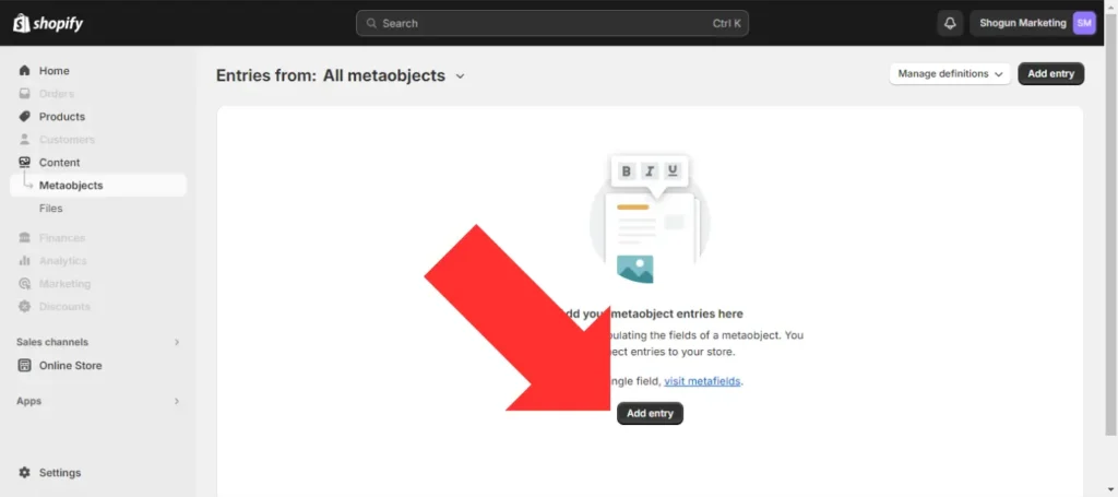 Adding a newly created Metaobject instance to your content