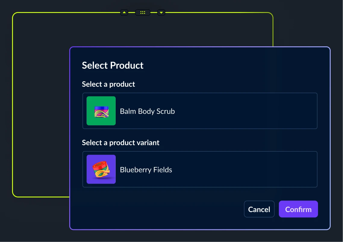 Component of Shogun's UI that shows selecting a product from your product catalog