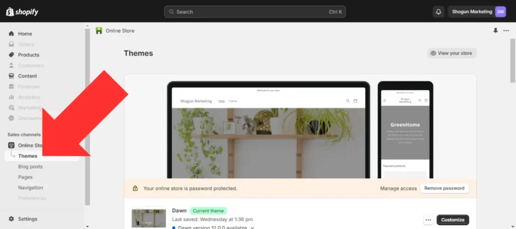 Opening the theme editor in Shopify to start adding theme blocks to a page