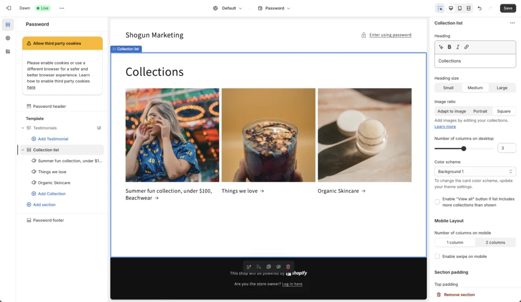 Create a customized collections listing using the section builder in the Shopify theme editor