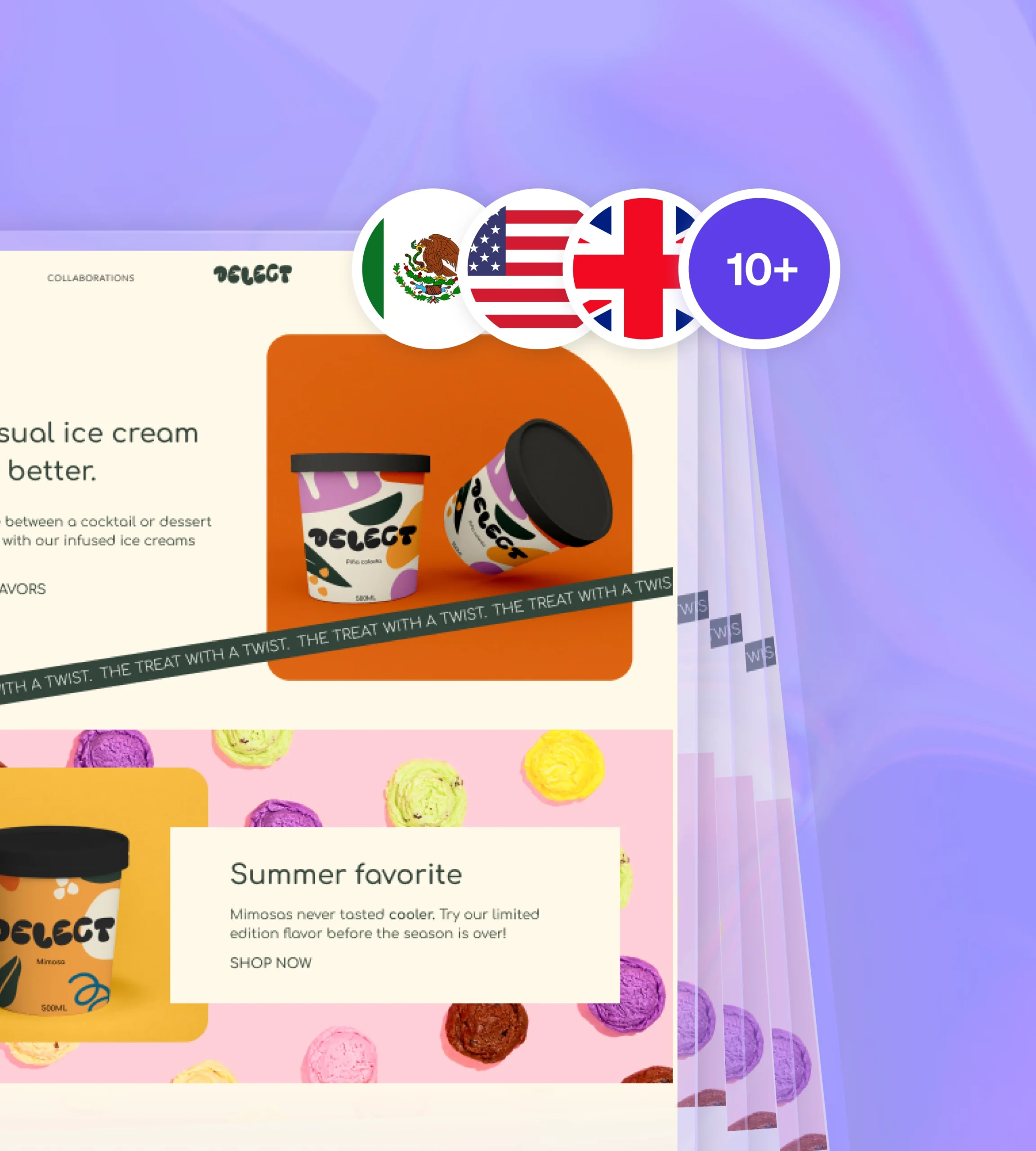 Mock ecommerce website with flags for Mexico, United States, and the UK in the top right corner