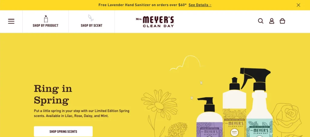 The Mrs. Meyers homepage features relatively little text and a single, large visual element.