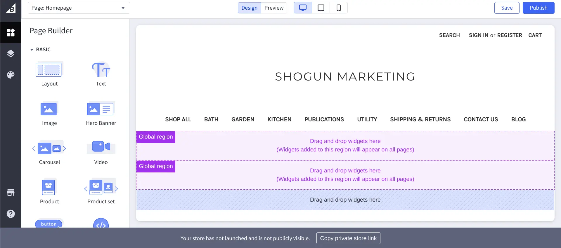 Page Builder provides a variety of widgets you can use to edit your BigCommerce homepage.