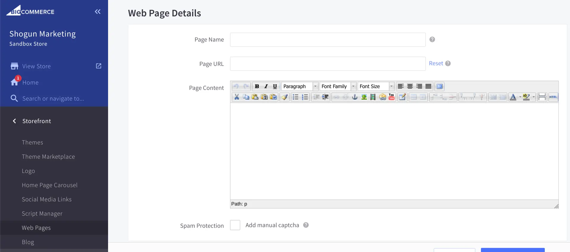 You can use BigCommerce’s WYSIWYG editor to create content for a new page.
