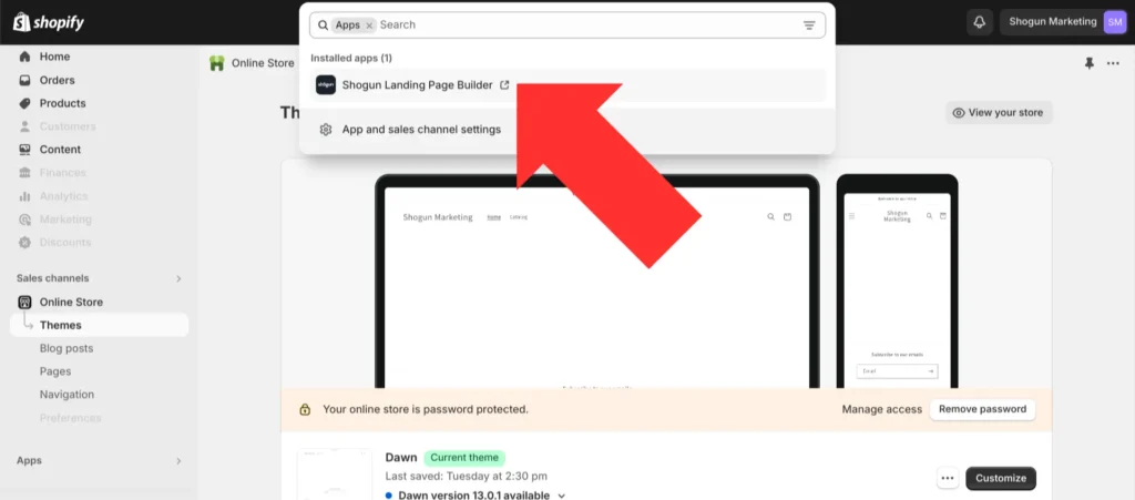 Screenshot showing how to search for Shogun within the Shopify admin