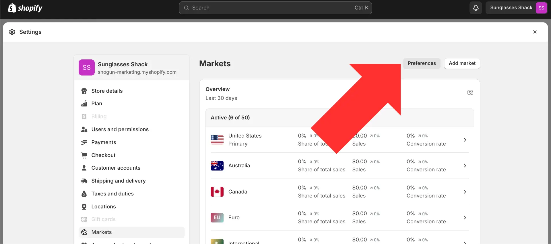 Go back to the “Markets” page and select “Preferences”.