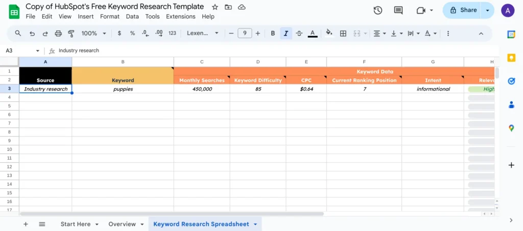 Keyword planner screenshot in Google Sheets