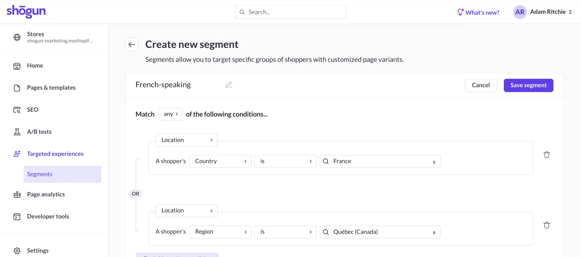 You can create a segment with a mix of countries and regions.