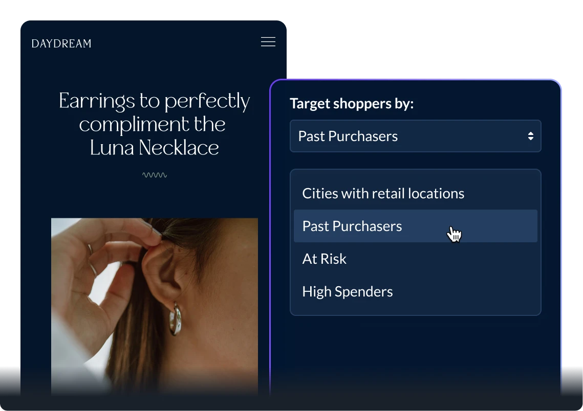 Mock ecommerce website and Shogun's Targeted Experience UI showing a user selecting to segment shoppers by "Past Purchasers"
